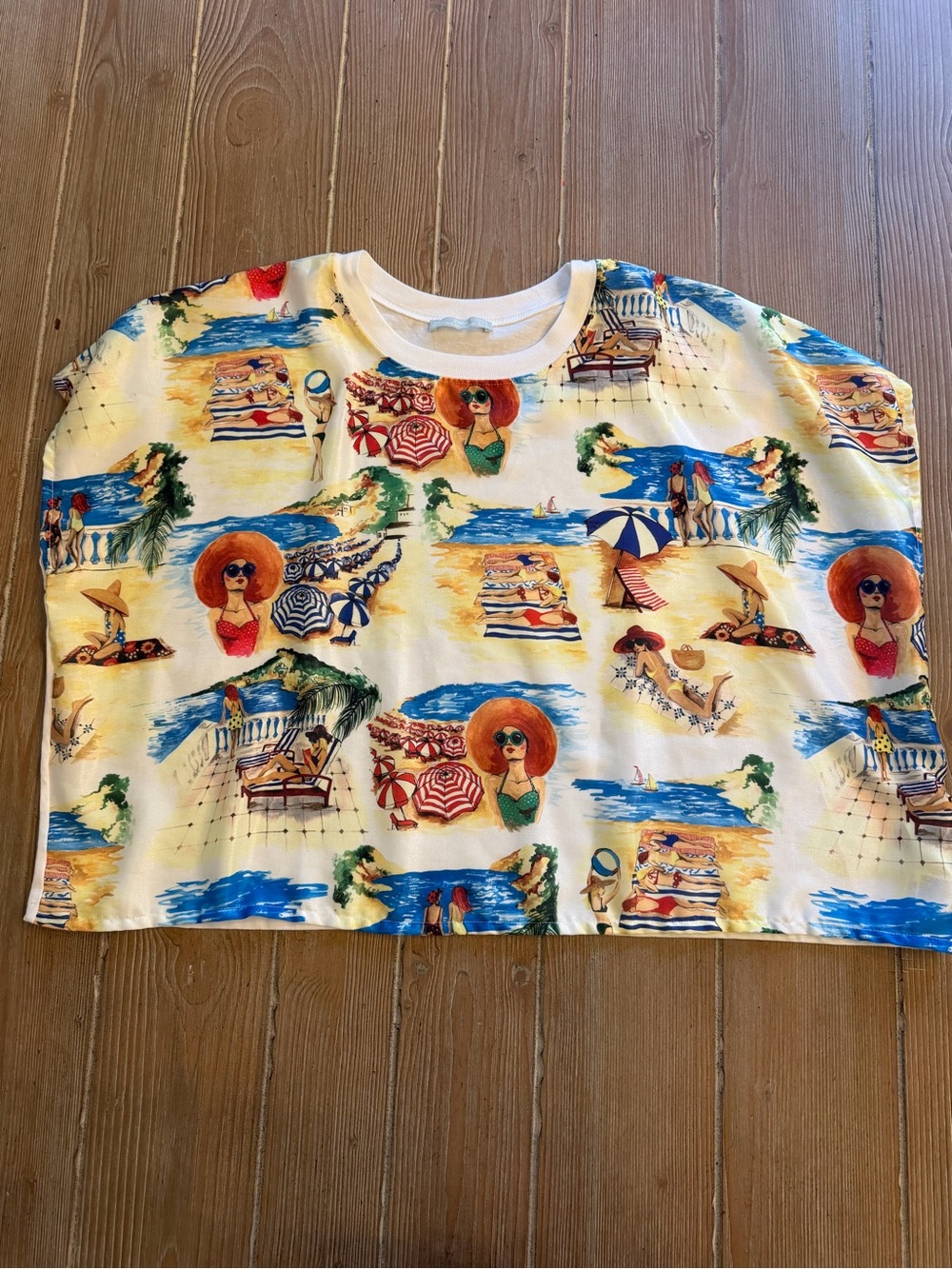 Zara White Short-Sleeve Beach Print Tee with Multicolor Motifs